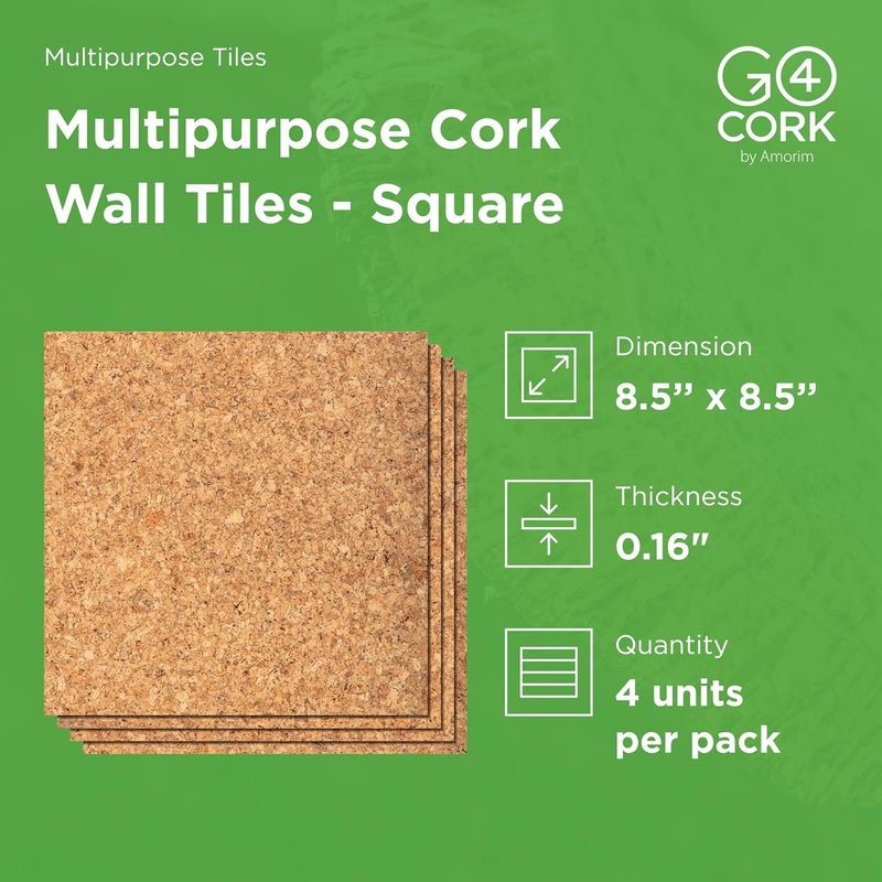 Go4Cork Square Cork Tiles - 8.5" x 8.5", Pack of 4 | Premium Double-Sided Eco Cork Tiles | Multipurpose for Crafts & Home, Classroom & Office Organization Decor | Anti-Slip & Easy to Use - Image 2